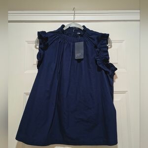 NWT Crown &  Ivy Navy Ruffle Blouse Size Large